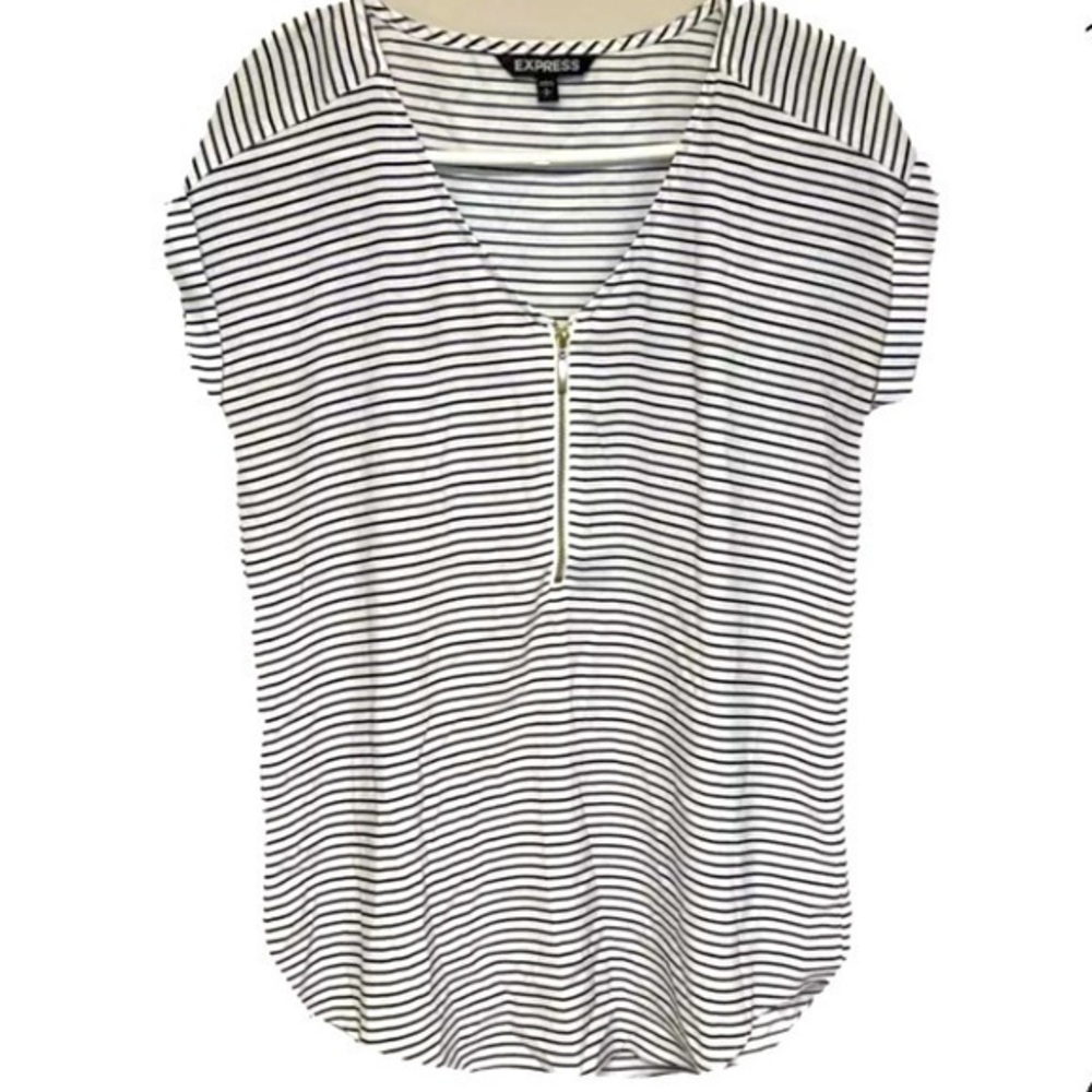 Womens Express Dress Tank Top Blouse Black White Striped Small 1/4 Zip Front